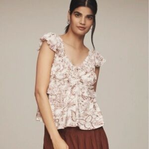 Anthropologie Cream and Brown Ruffled Top